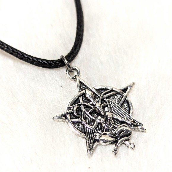 Baphomet Pentagram Satanic Silver Charm on a Rope Necklace - Picture 1 of 4